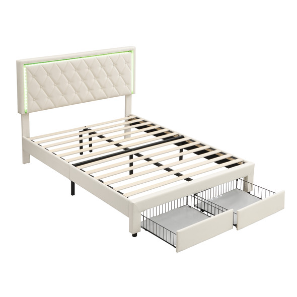 The bed features an adjustable headboard, sturdy iron frame, under-bed storage drawers, and customizable LED light strips.