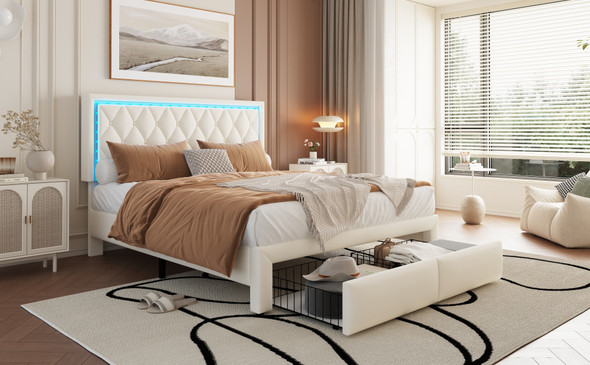This modern double bed features an adjustable headboard, LED light strips, storage drawers, and premium PU leather, offering style, comfort, and functionality.
