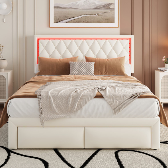 This modern double bed features an adjustable headboard, LED light strips, storage drawers, and premium PU leather, offering style, comfort, and functionality.
