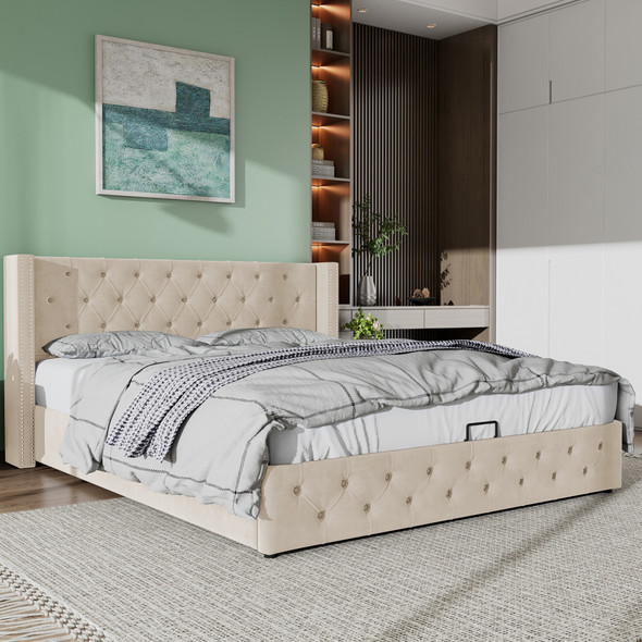 This upholstered bed features a high backrest, hydraulic storage function, and a sturdy structure, offering both comfort and ample storage space.