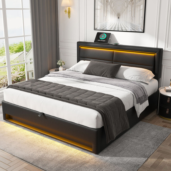 A multifunctional upholstered bed with USB ports, LED lighting, adjustable headboard, and under-bed storage.