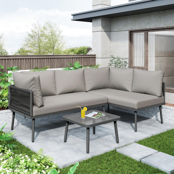 A modern, weather-resistant L-shaped outdoor sofa set with plush cushions, perfect for comfort and style in any outdoor space.