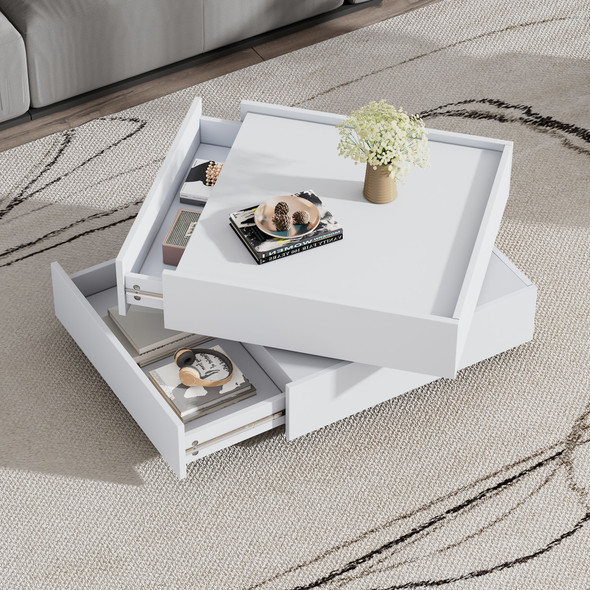 A sturdy square design with a rotating top and two-tier storage, crafted from high-quality particle board.