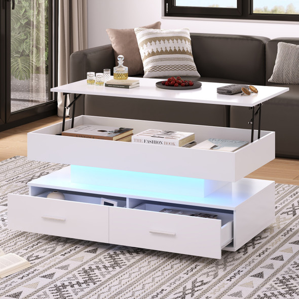 A versatile lift-top coffee table with RGB LED, storage, and adjustable height.