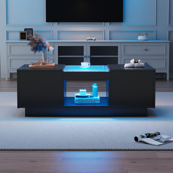 A modern LED coffee table with storage, glass top, and RGB lighting.