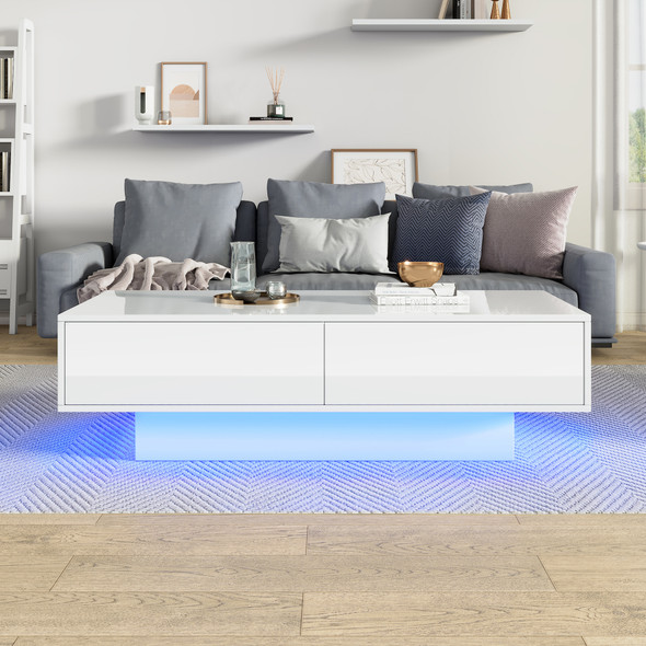 A modern LED coffee table with stylish storage, customizable lighting, and multifunctional design for any space.