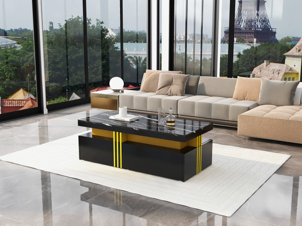 A modern white coffee table with marble pattern top, dual drawers, and compact design for stylish storage.