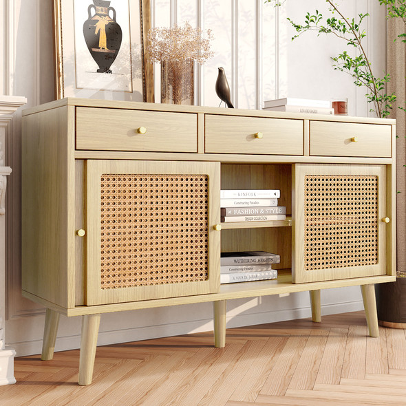 A modern retro sideboard with rattan doors, three drawers, and stylish legs for versatile storage.