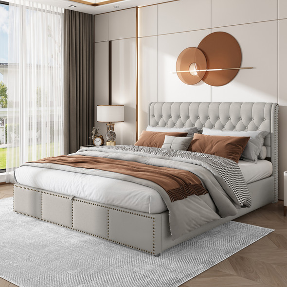 Stylish upholstered bed with storage, rivet details, and comfortable headboard.