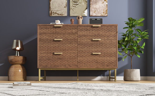 Embossed design sideboard with 6 drawers, adjustable feet, and ample storage.