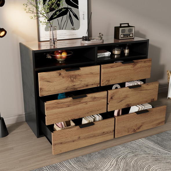 Modern minimalist style with sleek amber glass and wood accents.