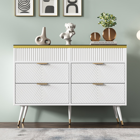 Stylish sideboard with 6 drawers, amber glass, and modern design.