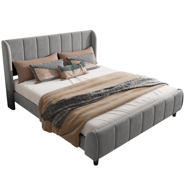 Velvet fabric, foam padding, metal frame, wooden slats.