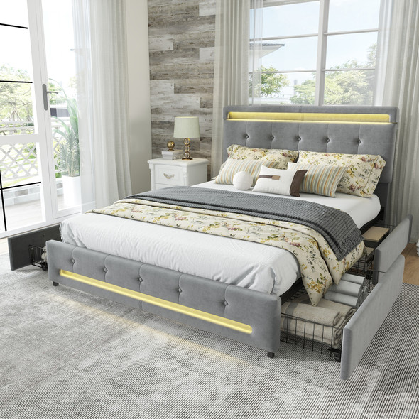 A stylish and functional velvet upholstered bed with LED lighting and spacious storage drawers.