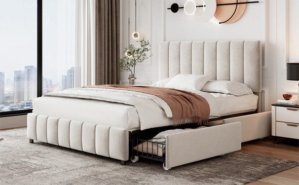 A velvet upholstered platform bed with adjustable headboard, storage drawers, and sturdy support.