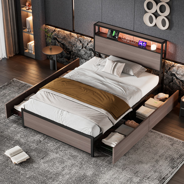 Durable metal bed with LED lights, storage drawers, and USB ports.
