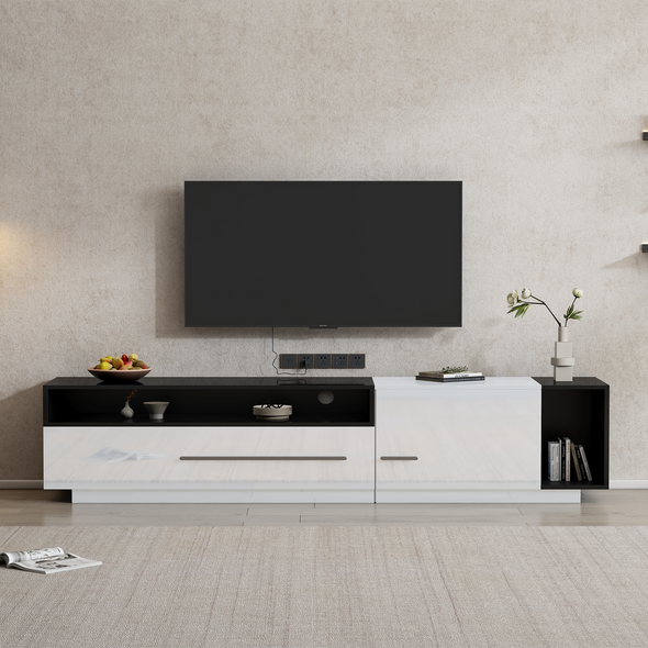 A sleek, modern high-gloss TV stand with ample storage, designed to elevate your living space and support TVs up to 70 inches.