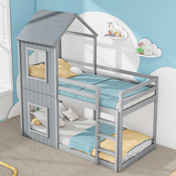 3FT grey treehouse bunk bed with safety rails and ladder.