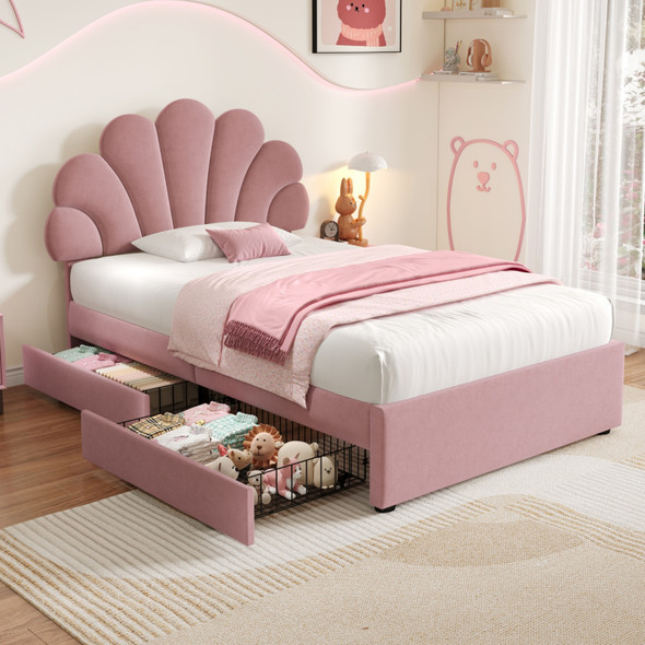 Chic velvet single bed with petal headboard and storage drawers, no box spring needed.