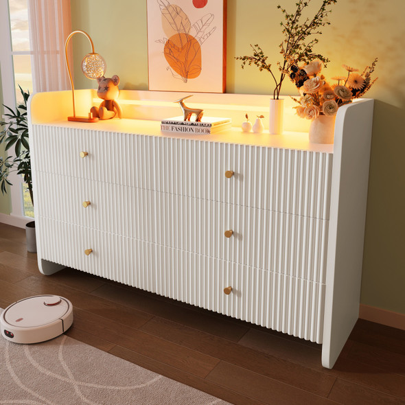 Modern fluted sideboard with drawers, shelves, and RGB LED lighting.