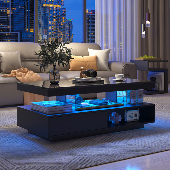 Sleek black high-gloss coffee table with smart Bluetooth LED lighting and spacious storage.