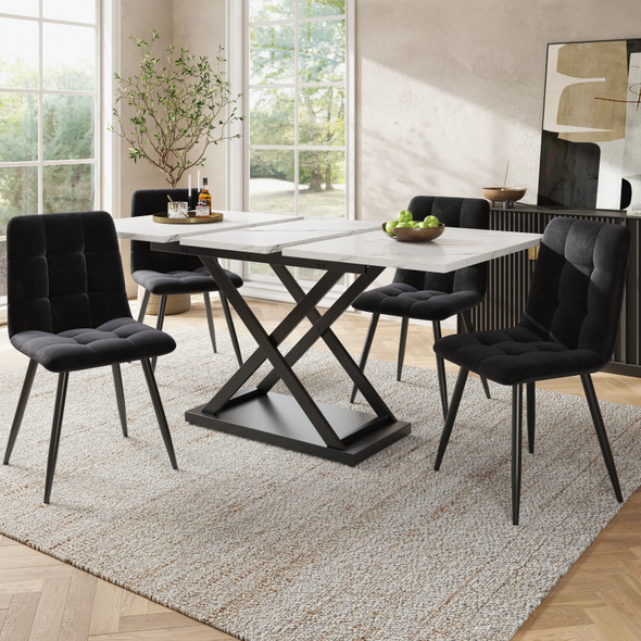 5 Piece Dining Set with Extendable Table and Velvet Chairs