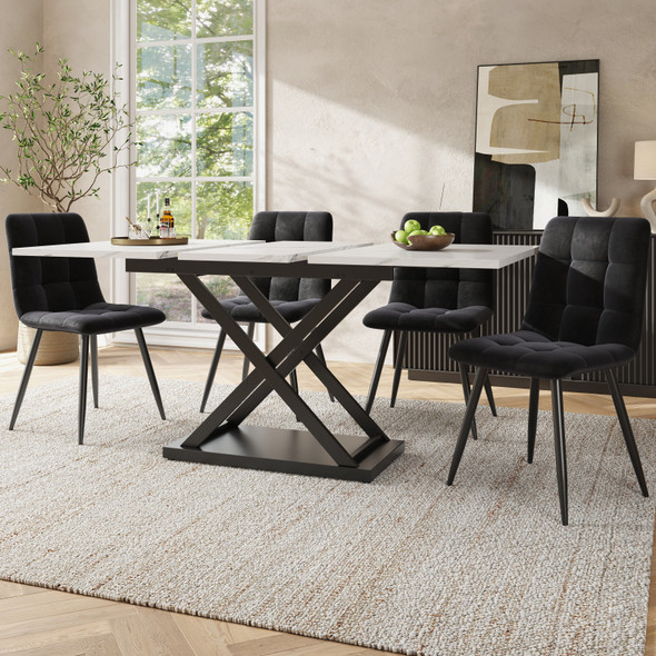 5 Piece Dining Set with Extendable Table and Velvet Chairs