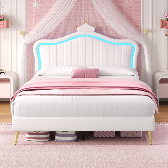 Upholstered Bed with LED Crown Headboard and PU Leather Frame