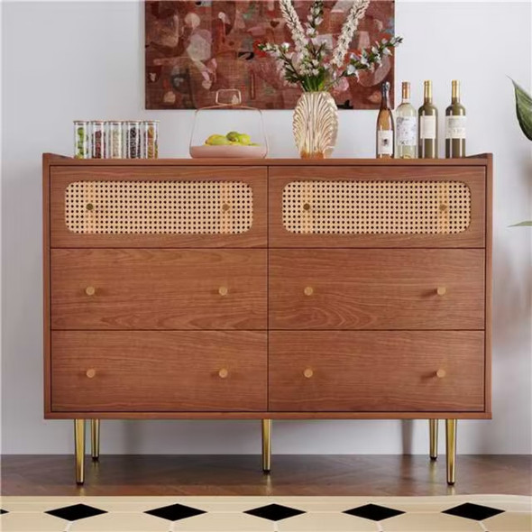 Walnut Rattan Storage Cabinet with 6 Drawers