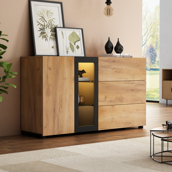 Modern Sideboard with Glass Doors & 3 Drawers
