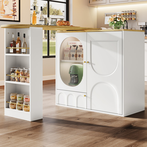 White 360° Rotating Bar Table with Storage Shelves and Kitchen Island