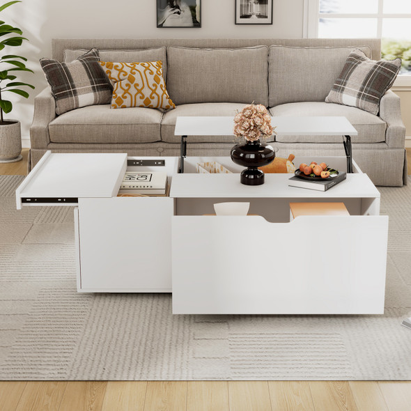 White Lift-Up Coffee Table with Storage Drawer