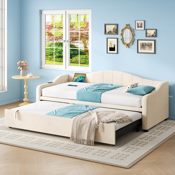 3ft Single Velvet Daybed with Trundle & USB/Type-C Ports
