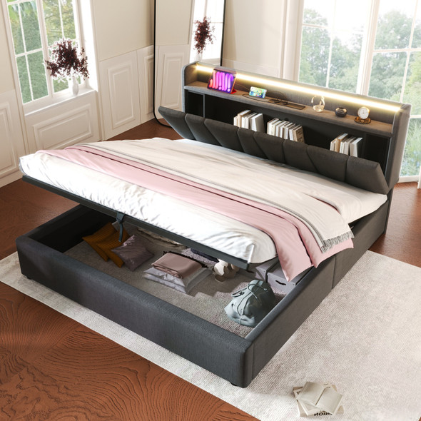 5FT King Size Bed Frame with Storage Headboard, USB & LED Lights