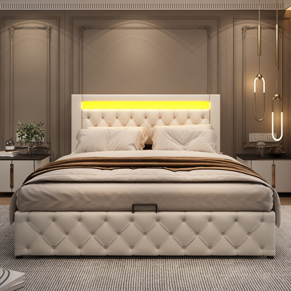 Modern Upholstered Bed with Storage & LED Lights