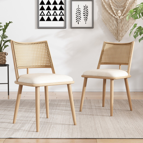 Set of 2 Retro Bamboo Dining Chairs with Imitation Rattan Back and PU Seat