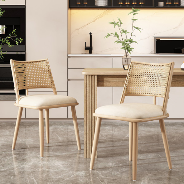 Set of 2 Retro Bamboo Dining Chairs with Imitation Rattan Back and PU Seat