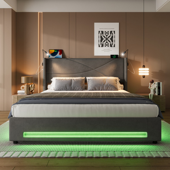 Modern Bed Frame with Reading Lights, USB Charging & Lift-Up Storage
