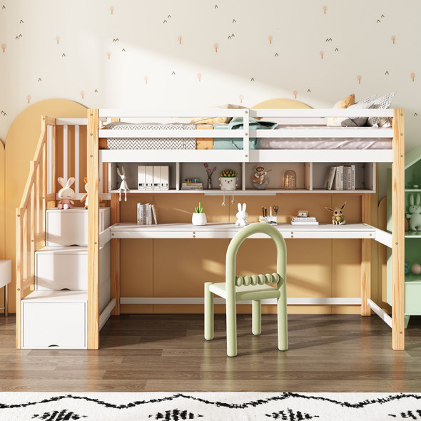 Solid Pine Loft Bunk Bed for Kids with Desk, Shelves & Storage Stairs