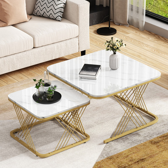 Modern Nest of 2 Coffee Tables with Gold Metal Frame and Faux Marble Top