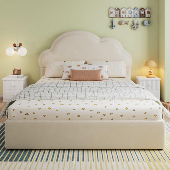 4ft6 Upholstered Storage Bed with Hydraulic Lift, Cloud Velvet Headboard, Durable & Stylish – Beige