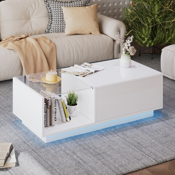 Lift-Up Coffee Table with Hidden Storage & LED Light – High Gloss White Centre Table, 100×50×33cm