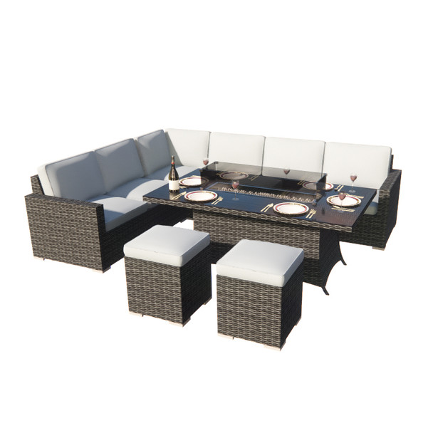 New Fashion Gas Fire Rectangle Table Patio 9 Seat Chairs and Cushions