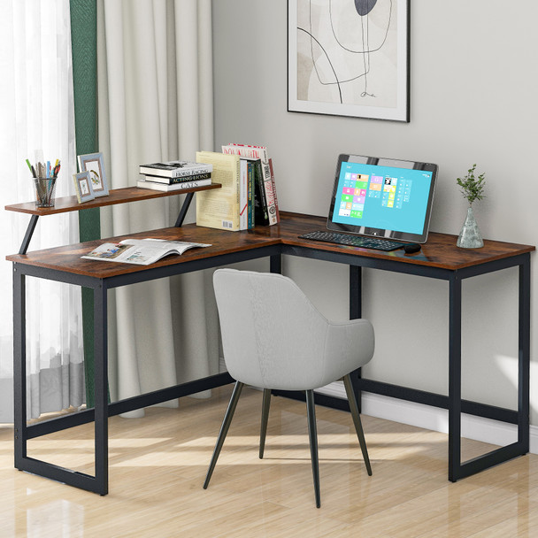 Abrihome L Computer Desk with Self Corner Desk Work Table Home Office Table Industrial Rustic Brown
