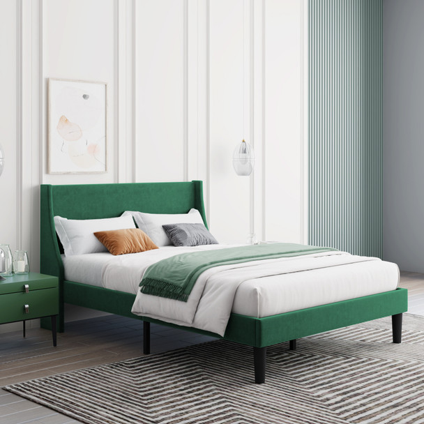 Abrihome Double Bed Velvet Dark Green 4FT6 Upholstered Bed with Winged Headboard, Wood Slat Support