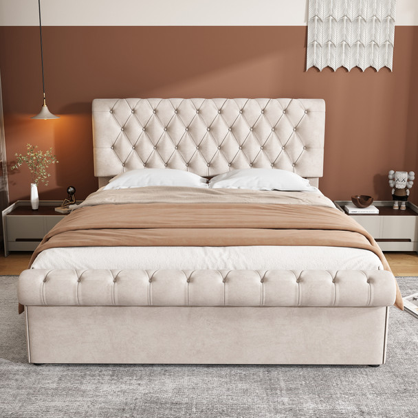 A luxurious velvet storage bed with a classic tufted sleigh design, hydraulic lift storage, an adjustable headboard, and a sturdy wood and metal frame for lasting comfort and elegance.