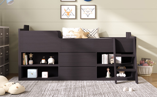 This taupe cabin bed offers storage with shelves and drawers, a safe design, and a durable wooden frame.