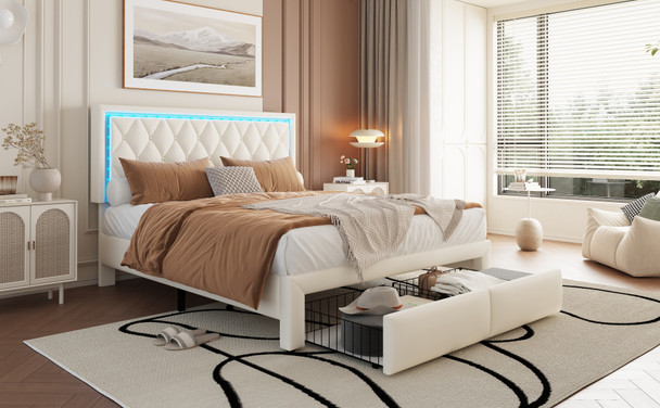 This modern double bed features an adjustable headboard, LED light strips, storage drawers, and premium PU leather, offering style, comfort, and functionality.