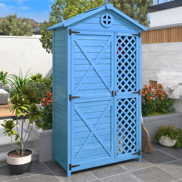 This outdoor wood storage shed offers ample storage space, made of sturdy waterproof fir wood, weather-resistant, and easy to assemble.
