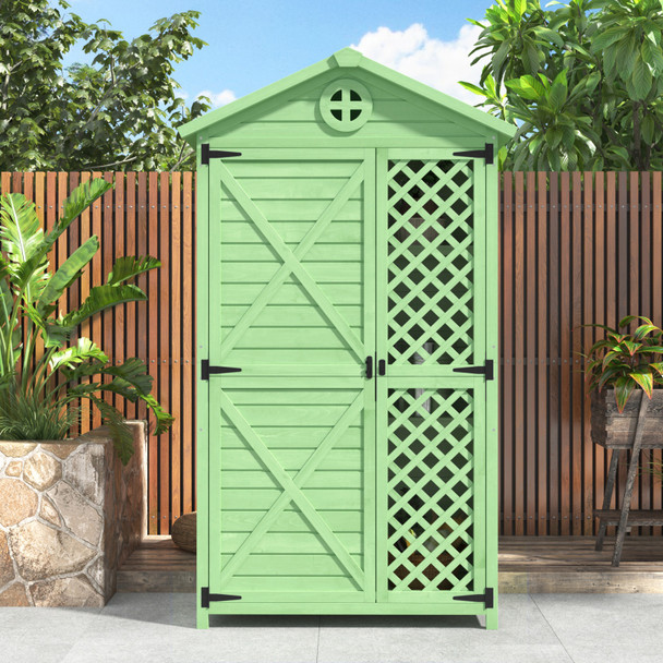 Weatherproof outdoor storage shed made of durable fir wood with ample shelving and easy assembly.